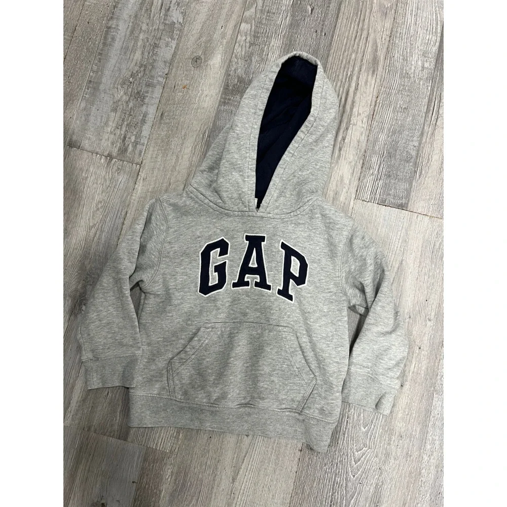 Gap Kids Arch Logo Pullover Hoodie Heather Gray Navy Blue Toddler 3T Sweatshirt